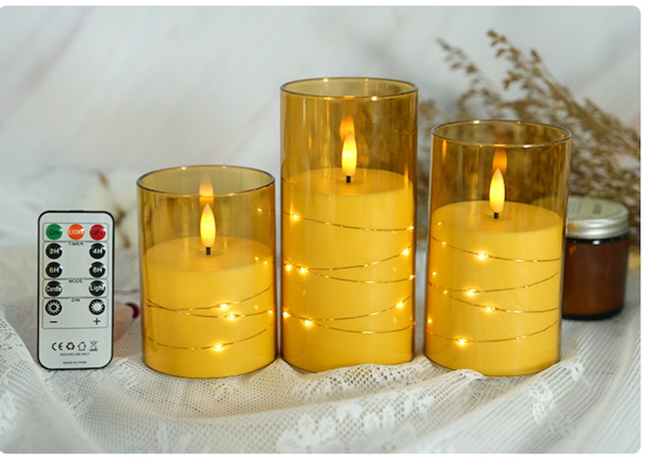 Designer’s Shop CS-7304 Flameless LED candle with String Star Lights and Remote Control Timer. 3 pc packed, color : Gold
